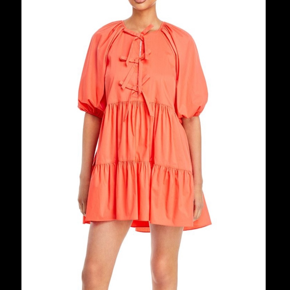 NWT Cinq a Sept Lynn Dress Neon Coral Bow Front A Line 6
